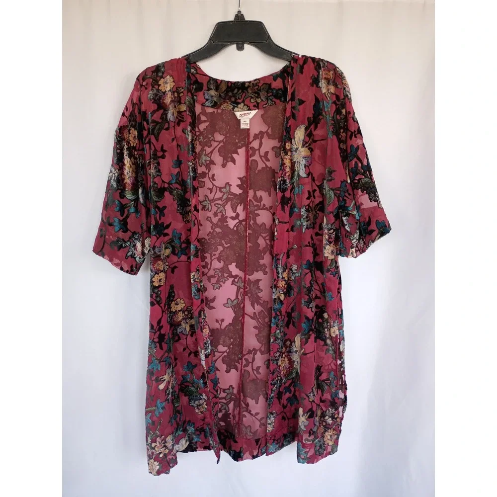 Arizona Jean Co Women Burnout Velvet Floral Open Front Kimono Burgundy Black M/L - Picture 8 of 8